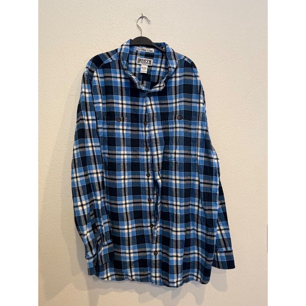 Duluth Trading Co Free Swingin Flannel Shirt Mens 2XL Tall Slim Fit Blue Plaid